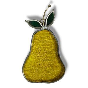 Stained Glass Pear Sun Catcher With Green Leaf & Silver Frame Vintage Handmade